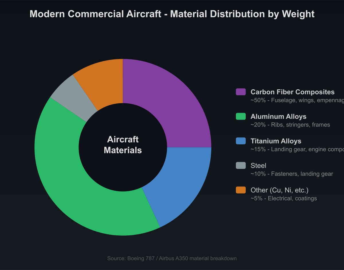 Pie chart showing material distribution in modern commercial aircraft structure by weight including carbon fiber composites, aluminum alloys, titanium alloys, steel, and other materials