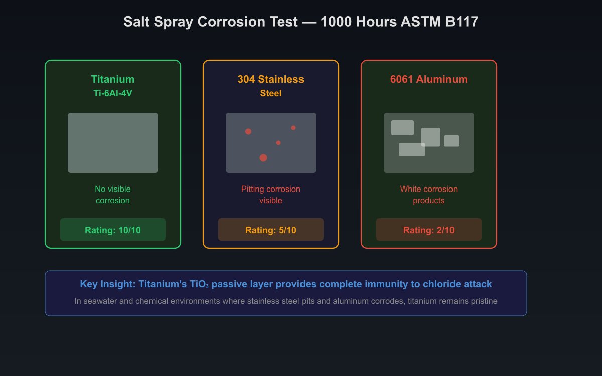 Salt spray corrosion test comparison showing titanium alloy sample with no visible corrosion, stainless steel 304 with pitting attack, and aluminum 6061 with white corrosion products after 1000 hours ASTM B117 testing