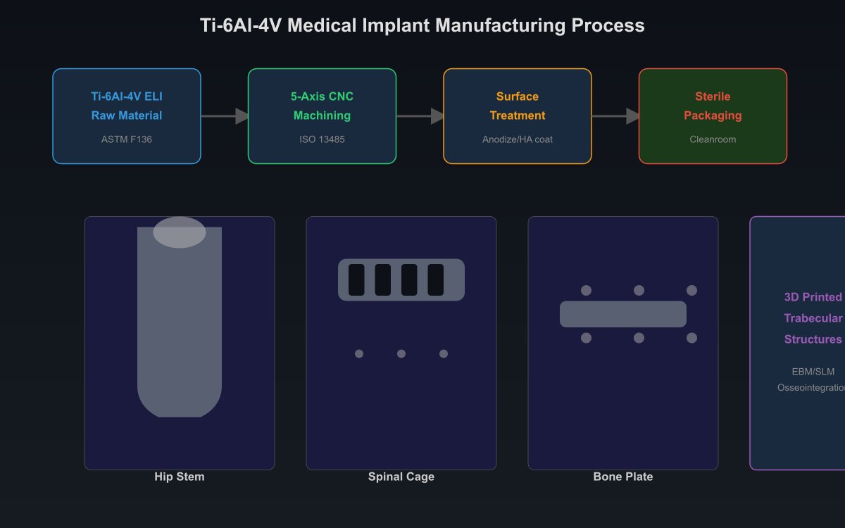 Precision machining of Ti-6Al-4V ELI medical-grade titanium alloy hip stem implant on 5-axis CNC machine with cleanroom environment for orthopedic surgical applications