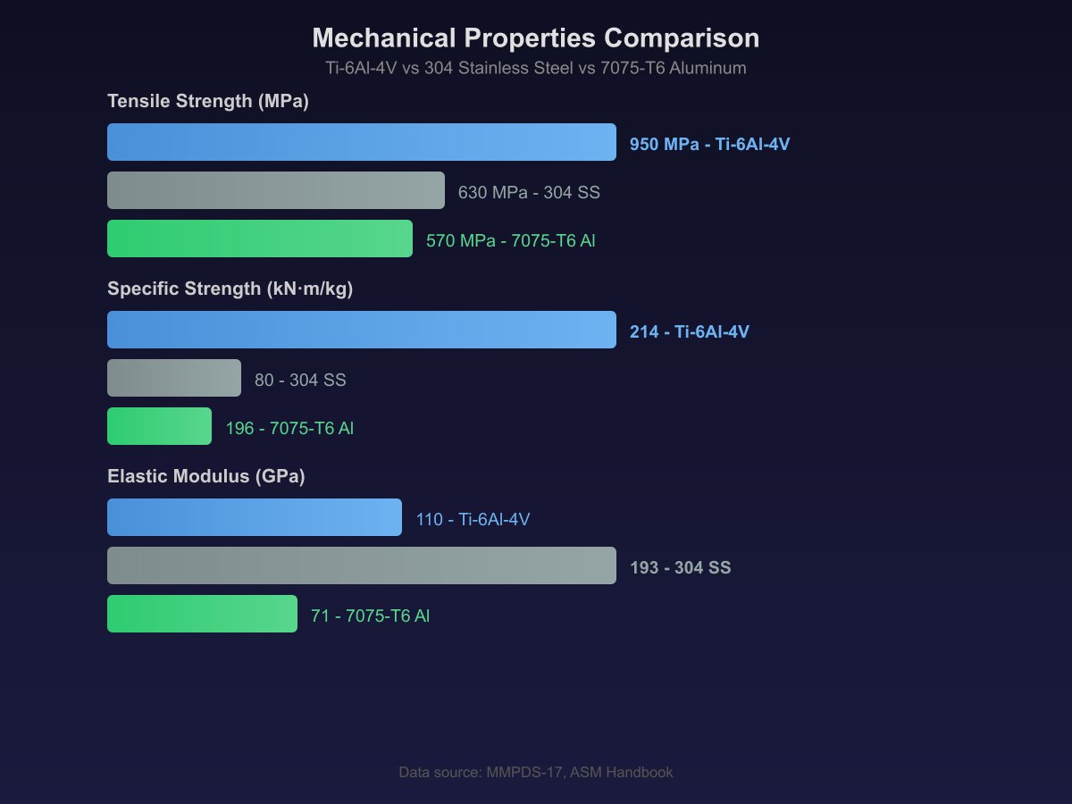 Bar chart comparing key mechanical properties of titanium Ti-6Al-4V, stainless steel 304, and aluminum 7075-T6 including tensile strength, specific strength, elastic modulus, and fatigue endurance limit for engineering material selection