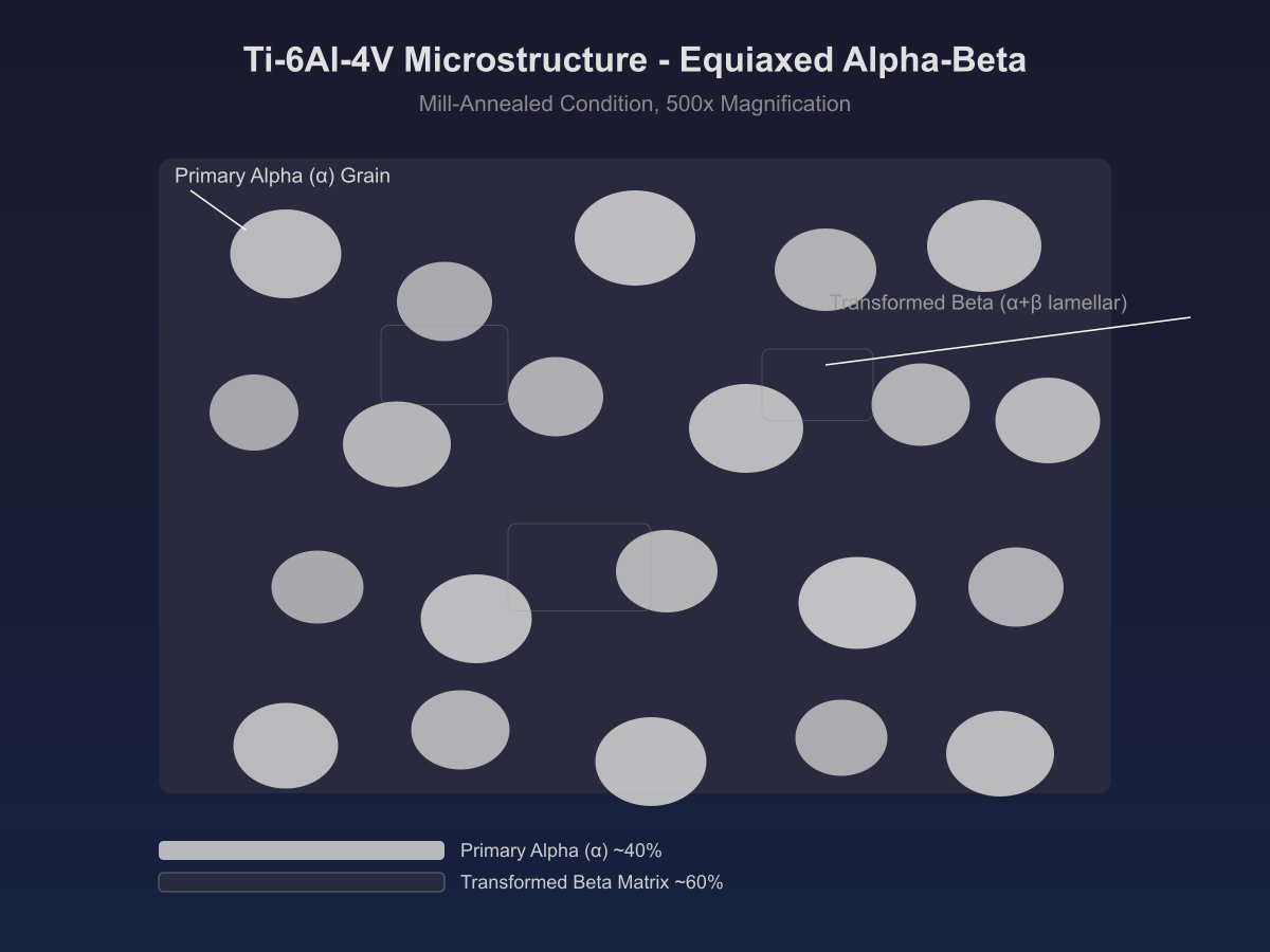 Optical photomicrograph showing the equiaxed alpha-beta microstructure of mill-annealed Ti-6Al-4V titanium alloy with primary alpha grains light phase and transformed beta dark phase at 500x magnification