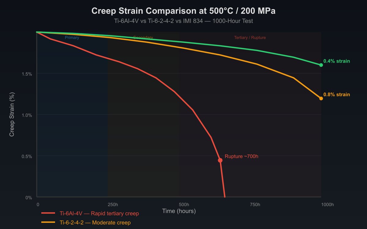 Creep strain versus time graph comparing Ti-6Al-4V, Ti-6-2-4-2, and IMI 834 titanium alloys at 500 degrees Celsius and 200 MPa stress, showing the superior creep resistance of near-alpha silicon-bearing grades