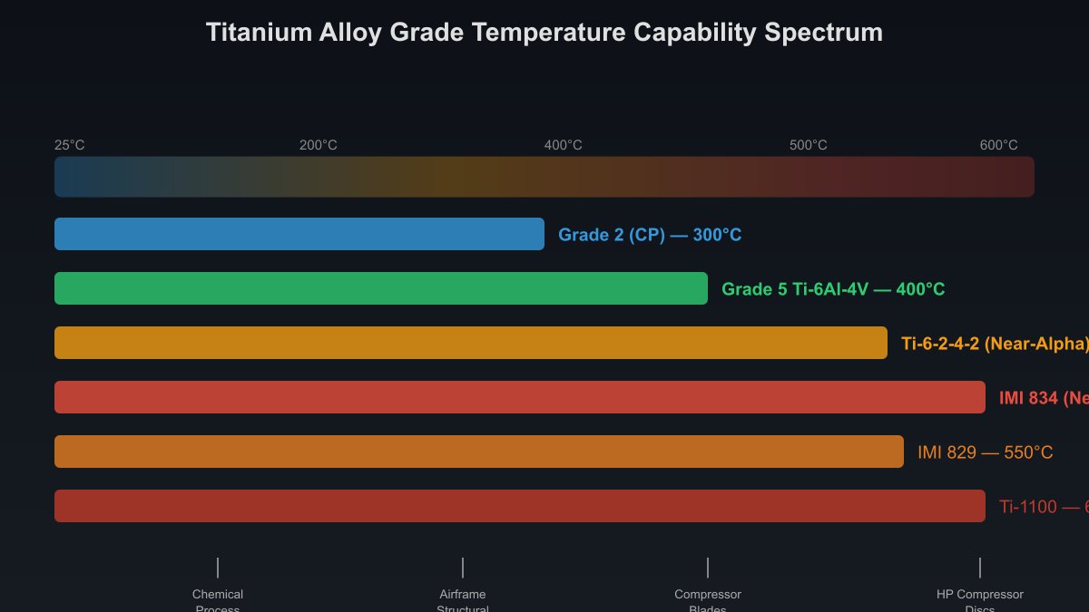 Horizontal bar chart showing temperature capability ranges for titanium alloy grades from Grade 2 through IMI 834, illustrating the progressive increase in maximum service temperature from 300 to 600 degrees Celsius