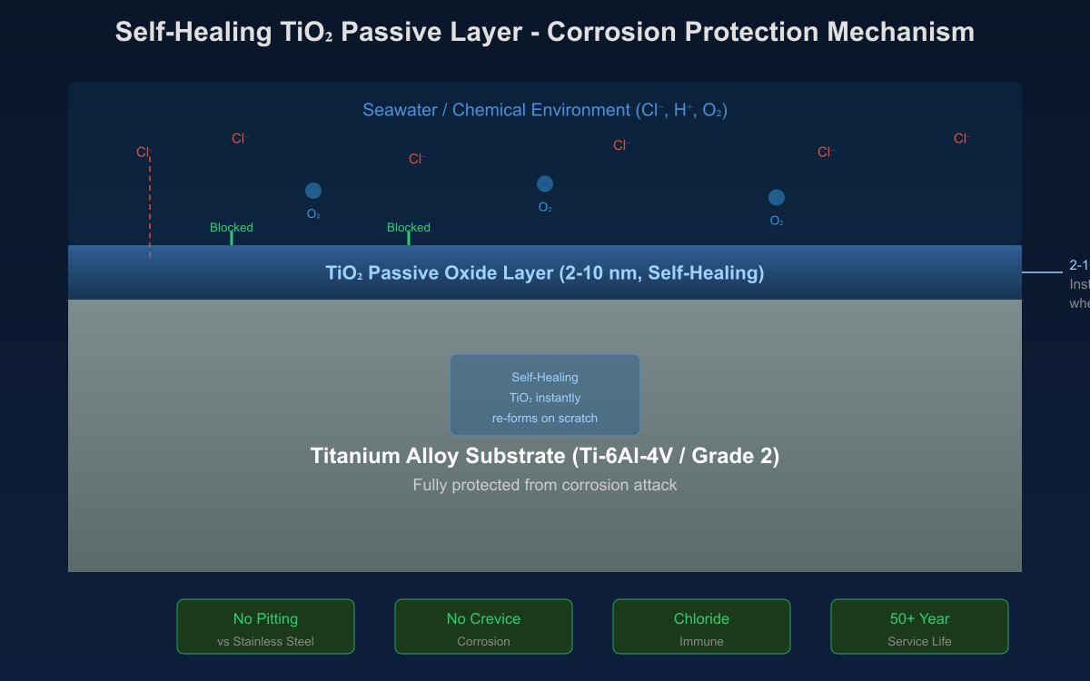 Scientific diagram illustrating the self-healing titanium dioxide passive oxide layer formation on titanium alloy surface showing how the nanoscale film provides corrosion protection in seawater and chemical environments