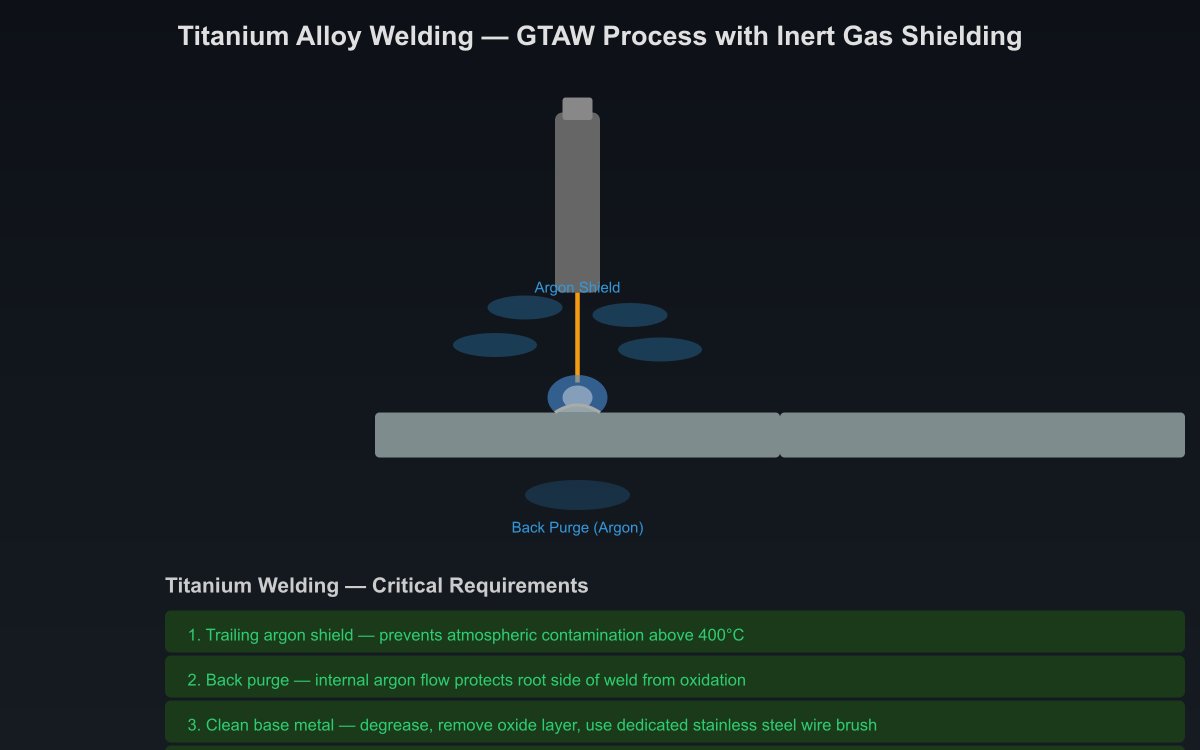 Skilled welder performing gas tungsten arc welding on titanium alloy industrial piping with trailing argon shielding and back-purge setup for contamination-free titanium weld quality