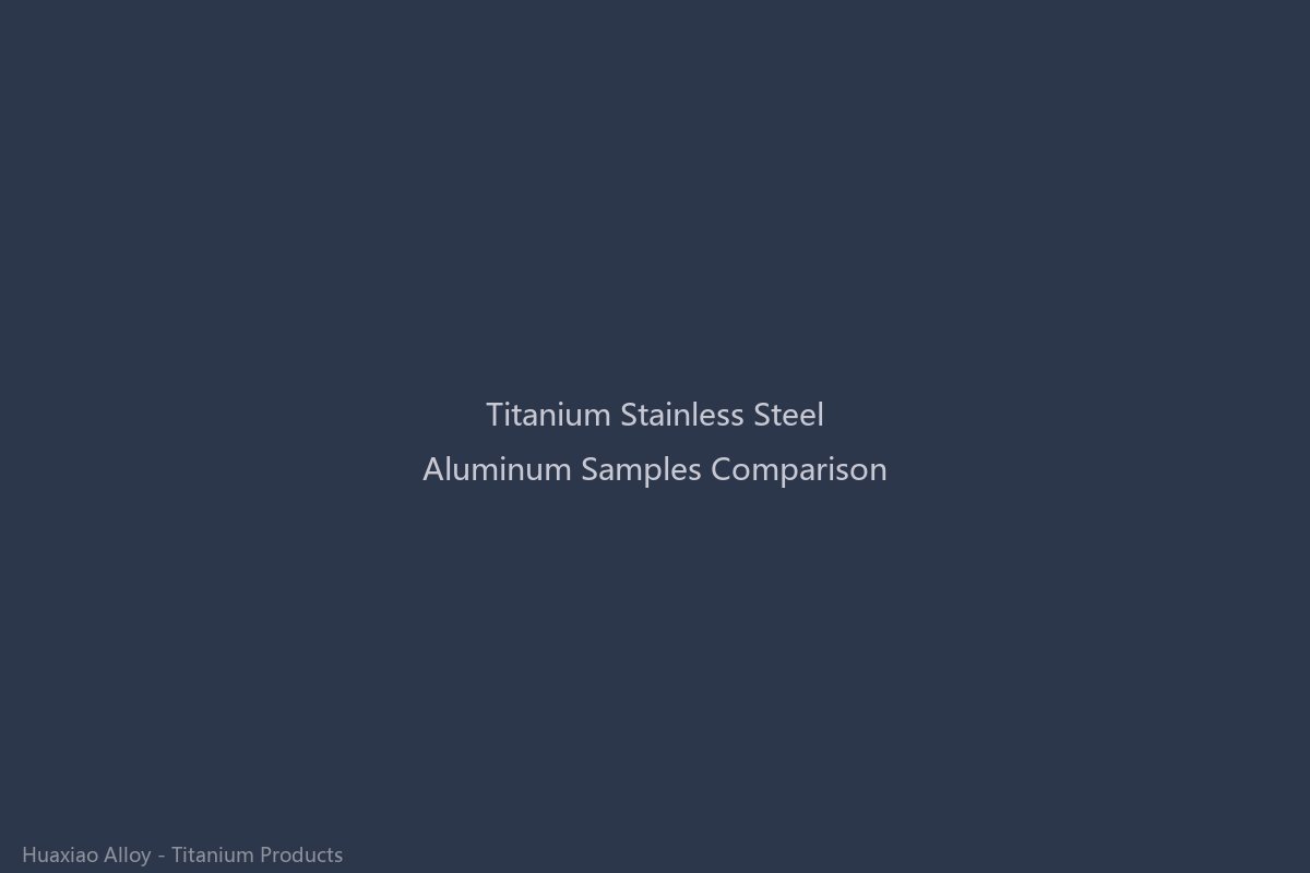 Side-by-side comparison of titanium alloy, stainless steel 304, and aluminum 6061 metal samples showing visual differences in surface finish, color, and density for material selection reference